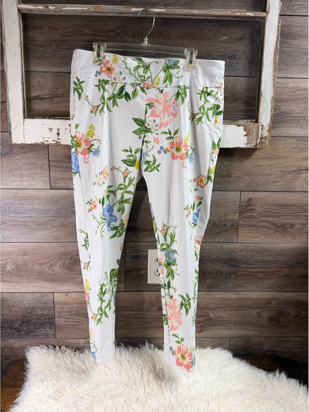 Zac & Rachel Women’s Size 14 Floral Pull-On Ankle Pants Stretch White Rayon
